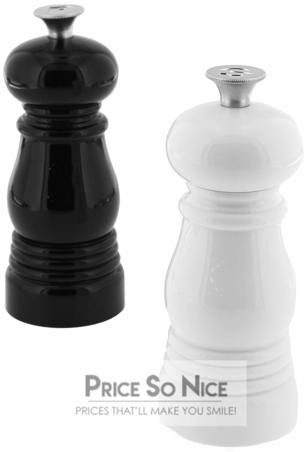 Le Creuset Acrylic Black and White Petite 4.3" Salt and Pepper Mill Set BAD BOX