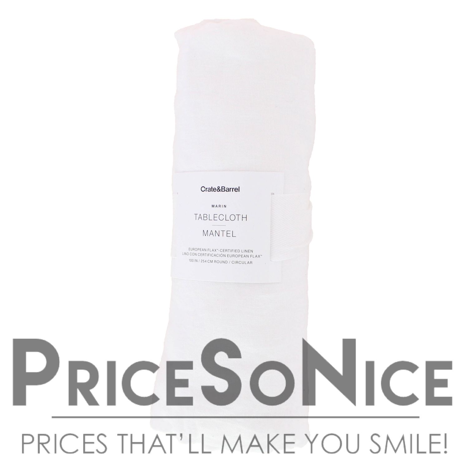 Crate &amp; Barrel Marin 100" Round White EUROPEAN FLAX Linen Tablecloth, MSRP $160