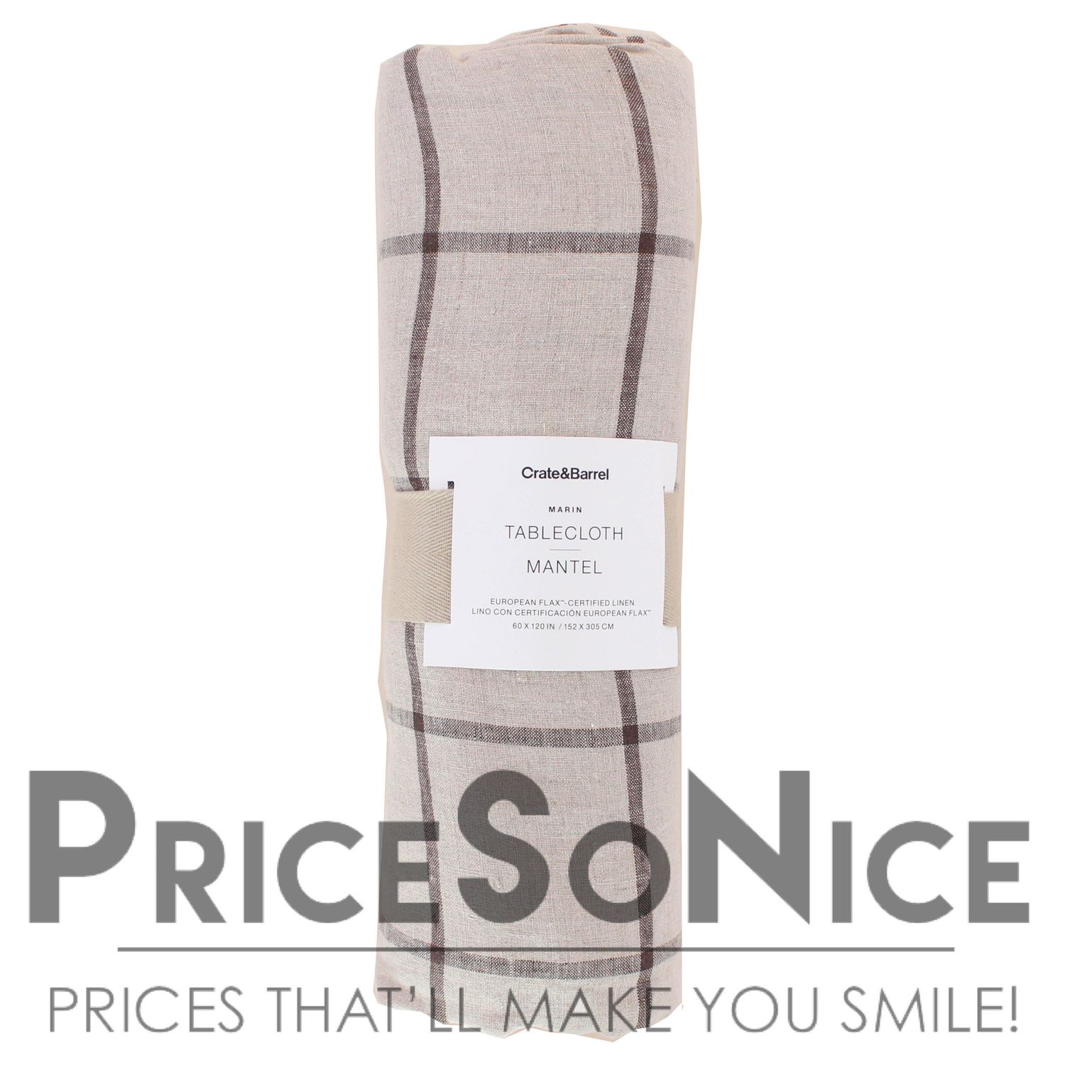 Crate &amp; Barrel Marin 60" x 120"Windowpane Plaid EUROPEAN FLAX Linen Tablecloth, MSRP $160