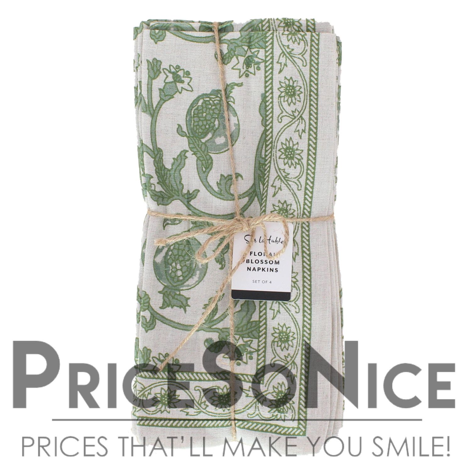 Sur La Table Floral Blossom Green Napkins, Set of 4, MSRP $45