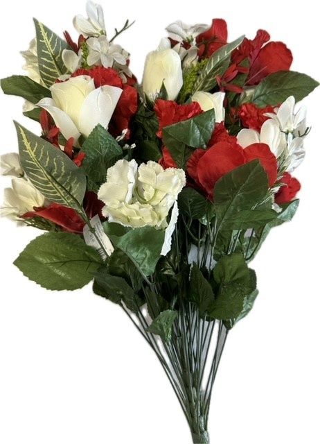 Hibiscus w Zinnia bush with 36 stems in Red and Cream