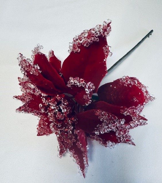 9.5&quot; Iced Poinsettia Pick Red