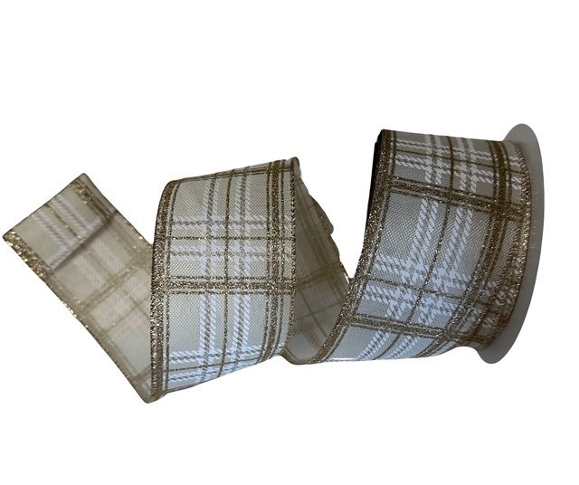 Ivory Linen Champagne Glit Plaid 2.5&quot; x 10Yards