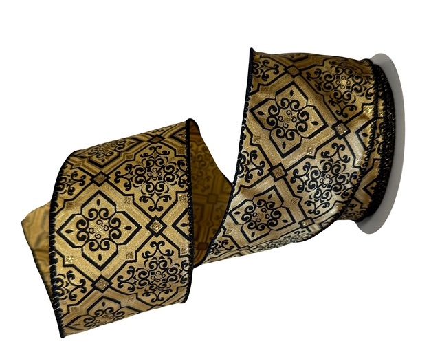 Gold Satin Black Damask Diamonds 2.5&quot; x 10Yds