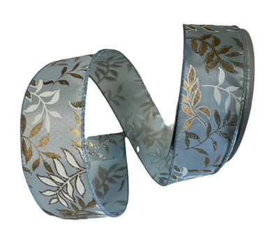 Lt Blue Satin RIbbon  Gold Branches 1.5x10Yds