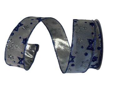 Star of David Ribbon 1.5" X 10 Yds Silver and Royal Blue