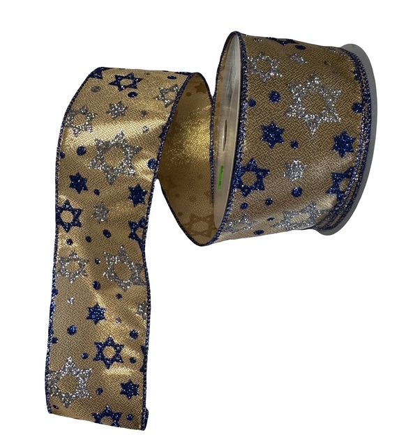 Star of David Ribbon 2.5&quot; x 10Yds Gold and Royal Blue
