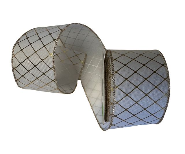 White Satin Gold  Diagonal Ribbon 2.5&quot; x 10Yds
