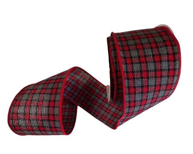 Grey Red Faux Burlap Check Ribbon 2.5x10Y