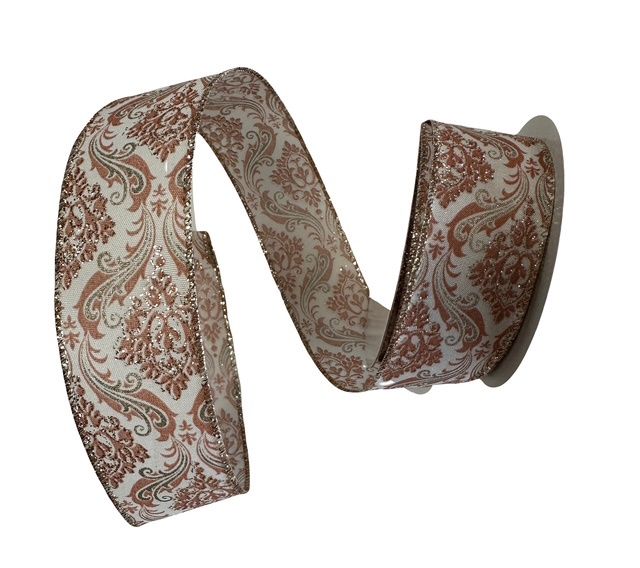 Cream Satin Mauve Champagne Damask 1.5&quot; x 10Yds