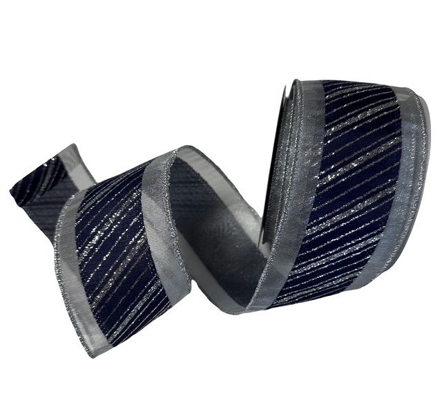 Navy satin silver diagonal stripe ribbon 2.5&quot; x 10yds