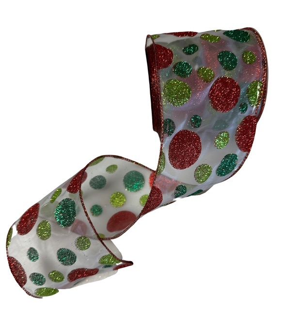 White Sheer with red and green dots 4&quot; x10 yds