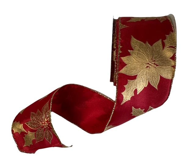 Red with Gold Poinsettia Ribbon 2 1/2&quot;x10 Yds