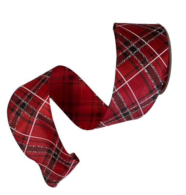 Red satin black white silver glit plaid 2.5&quot; x 10 Yds