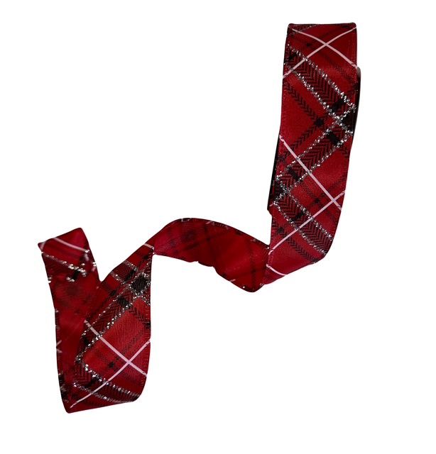 Red satin black white slv diag plaid 1.5&quot; x 10Yds