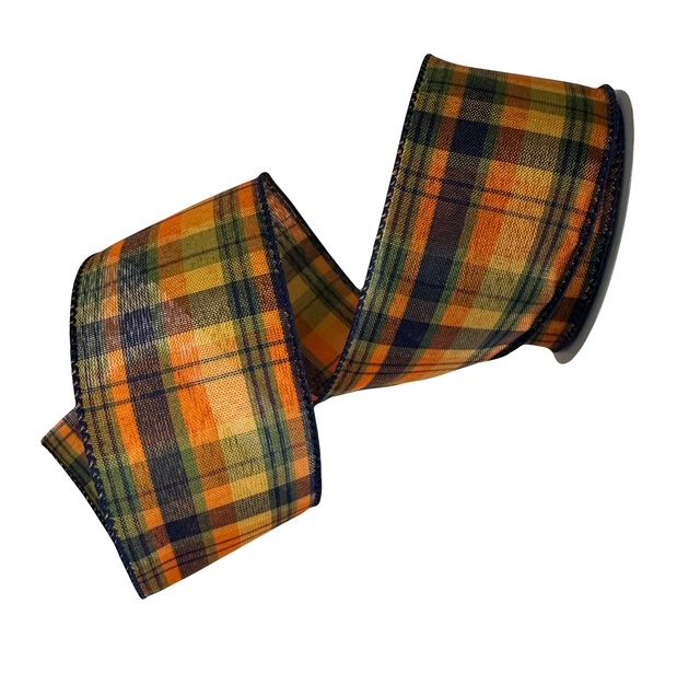 Orange Navy Green Plaid Ribbon 2.5x10Yds