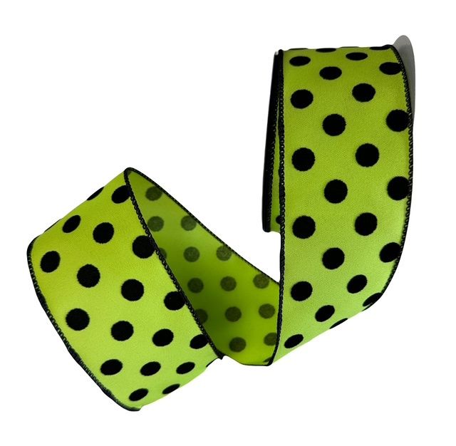 Lime green w Black Flocked Dots Ribbon  2.5&quot;x10Yards