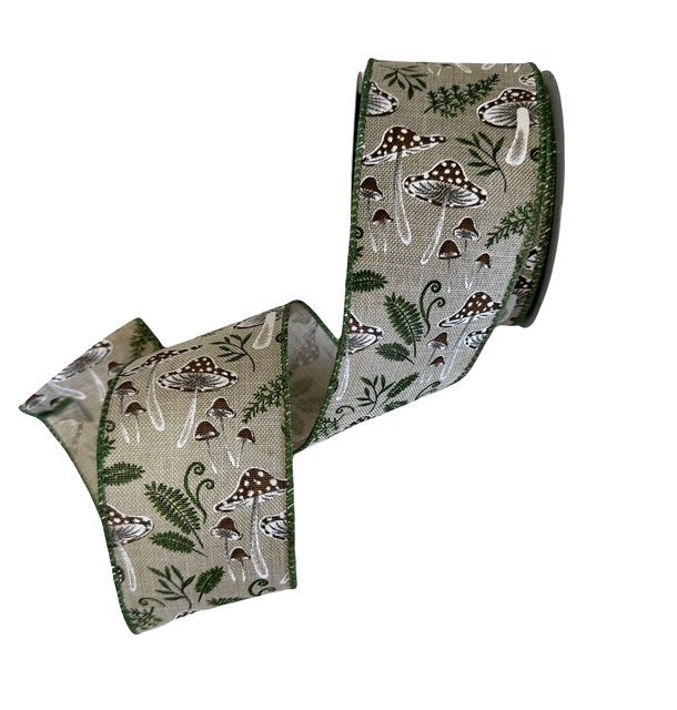 Linen Mushrooms and Ferns ribbon 2.5&quot; x 10Yds