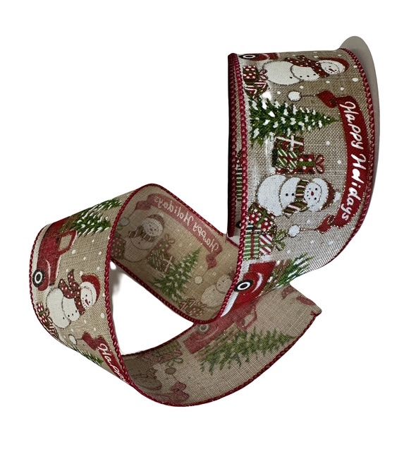 Natural Linen Red Truck Snowmen Ribbon 2.5x10Y