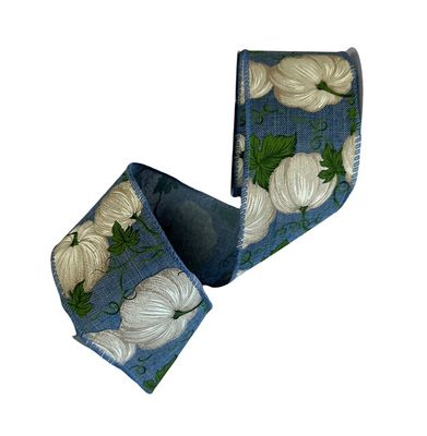 Blue with white Pumpkins ribbon 2.5X10Yds