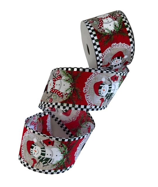 Natural Print Linen snowmen ribbon 2.5&quot; x 10yds