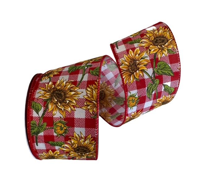 Red White Check Satin Sunflowers 2.5&quot;x10Yds