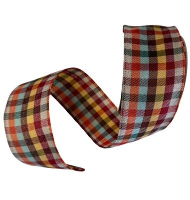 Burgundy Yellow Orange Aqua Plaid Ribbon  2.5x10Yds