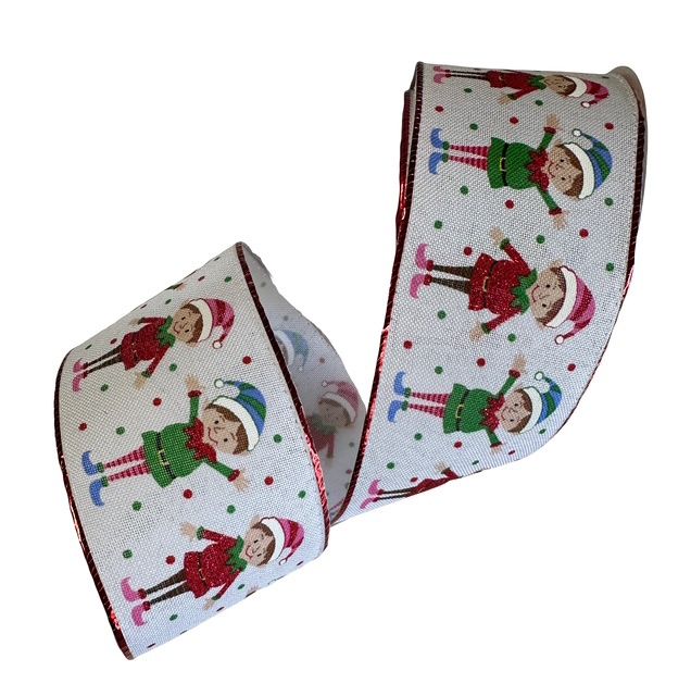 Elves on white Ribbon 2.5&quot; x 10yds
