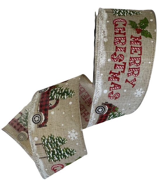 Linen &quot; Merry Christmas&quot;  Truck ribbon 2.5x10Yds