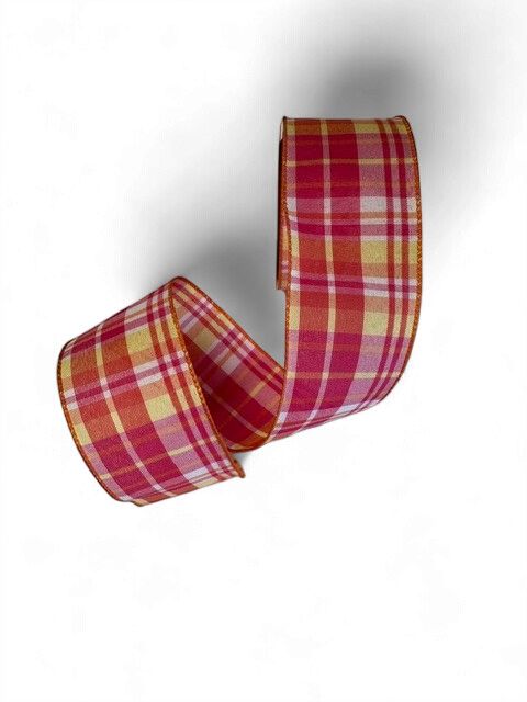 Pink white yellow orange plaid ribbon 2.5" x 10 yds