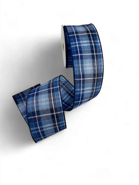 Navy Lt Blue and  White  Plaid Ribbon  2.5" x 10Yds