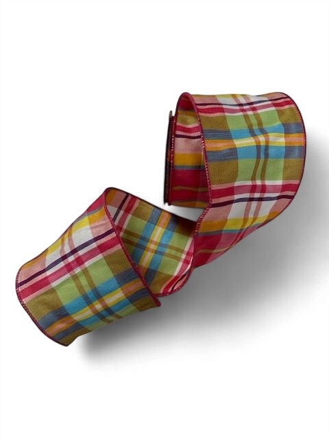 Fuchsia Lime Yellow Dupioni Plaid Ribbon 4"x10Yds
