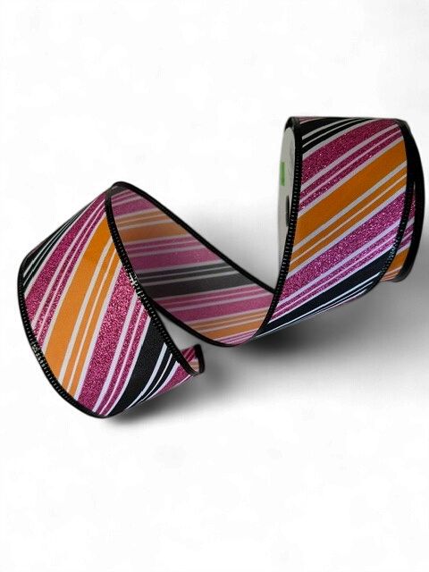 White Black Orange Pink Glitter w  Stripe  2.5" x 10Yds