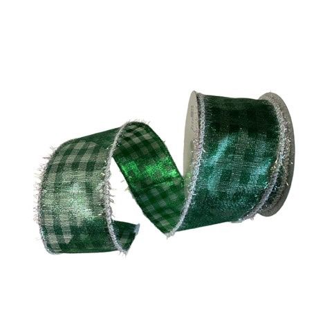 Green Metallic Check with White Tinsel Edge 2.5" x 10 Yds