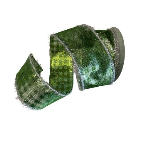 Lime Metallic Check with White Tinsel Edge 2.5 x 10Yds
