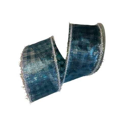 Turquoise Metallic Check w White Tinsel edge 2.5" x 10Yds