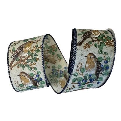 Ivory Linen Brown Bird Blue Berries 2.5" x 10Yds