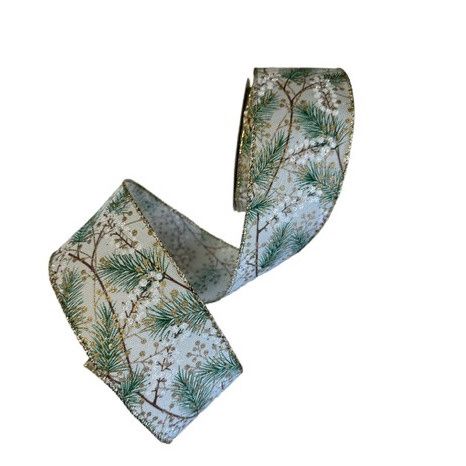 White Linen Gold W White Pine Berries 2.5" x 10Yds