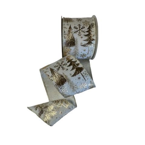 White Satin Gold Embossed Trees Snowflake 2.5"x10Yds