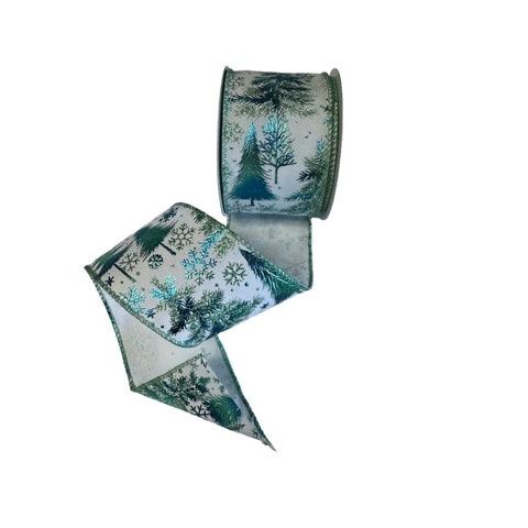 White Satin Turq, Mint Embossed Tree, Snowflake 2.5"x10Yds