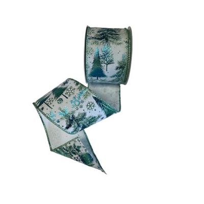 White Satin Turq, Mint Embossed Tree, Snowflake 2.5"x10Yds