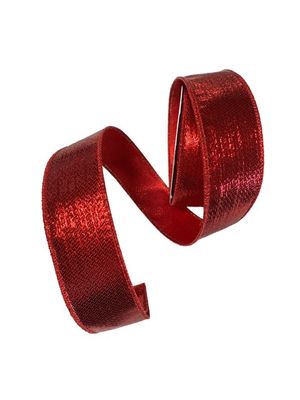 Red shiny metallic ribbon with wired edges holds shape well with great quality and measures 1.5" wide and 10 yards long.