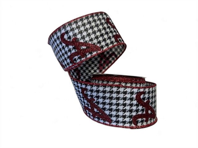 Houndstooth Ribbon 2.5" x 100' Bk,wt,rd w red glitter "A"