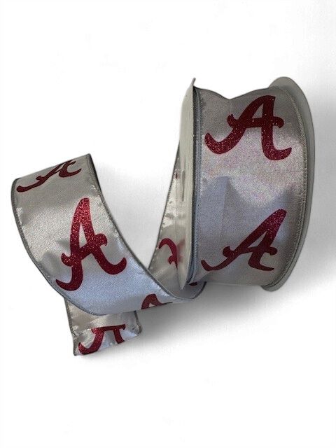 Satin Grey Ribbon with Red glitter "A" 2.5" x 50 Yards