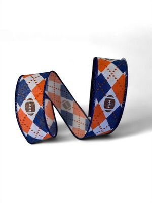 Argyle Ribbon with  Footballs 1.5" x 10Yds wht brn,or,navy