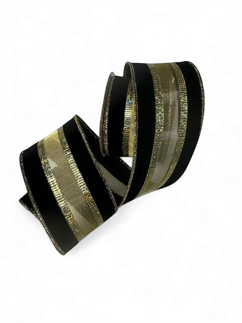 Black and Gold Mesh Center Velvet edge 2.5"x10Yds