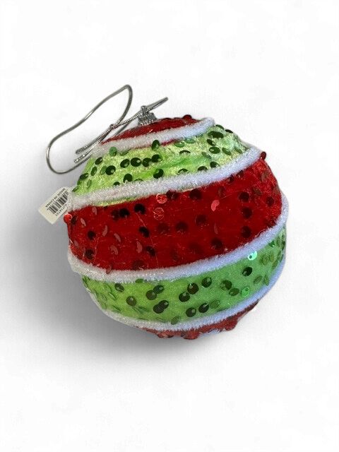 4.25" Dia Velvet Sequin Stripe Orn Red Lime Gr Wht