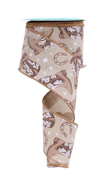 Ribbon 2.5"x10Yds-Cowboy Boot-Brn/Tan