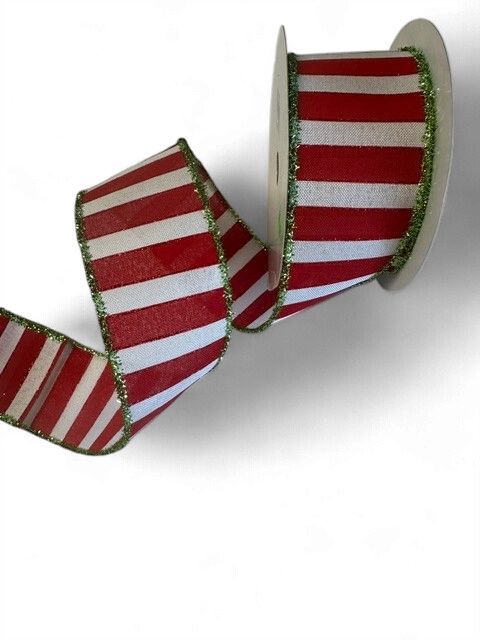 Red White Wide Striped Green Tinsel Edge 2.5" x 10 Yards