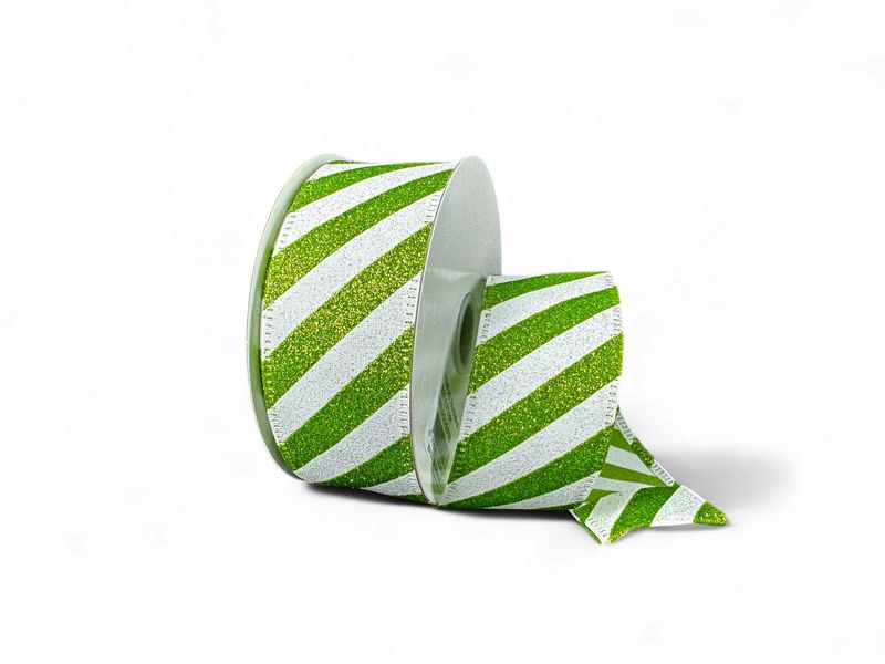 Lime White All Glitter Candy Cane Stripe 1.5" x 10Yds